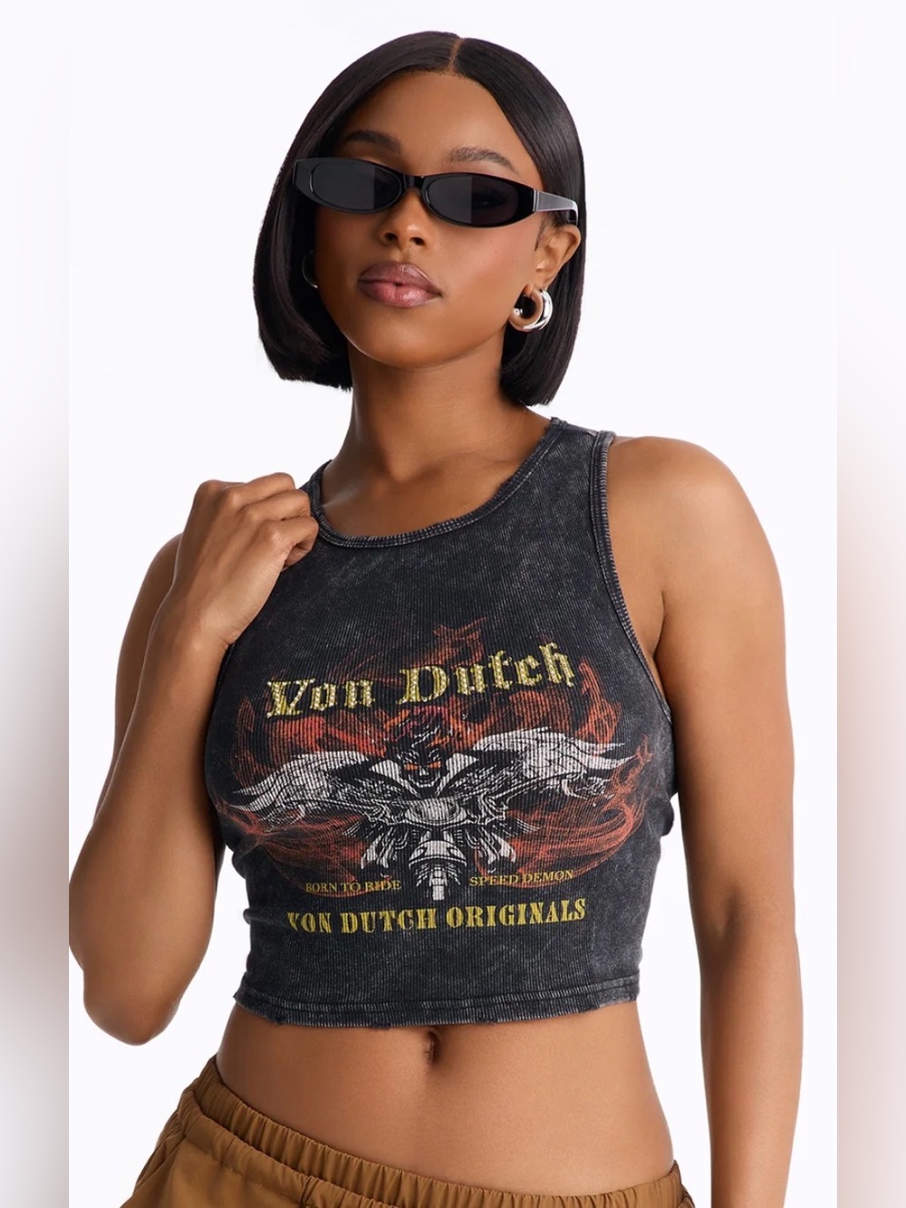 Von Dutch Black Graphic Cropped Tank with Flame Print